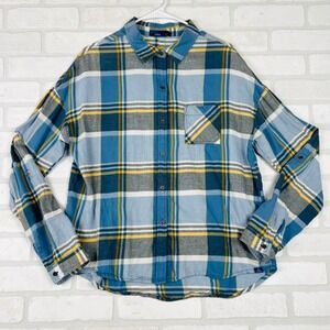 Prana Womens Button Down Plaid Flannel Shirt Long Sleeve‎ Blue Yellow Large